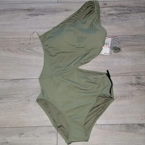 Michael Kors Women Green One-Shoulder Zipper Cutout One Piece Swimsuit Size 8